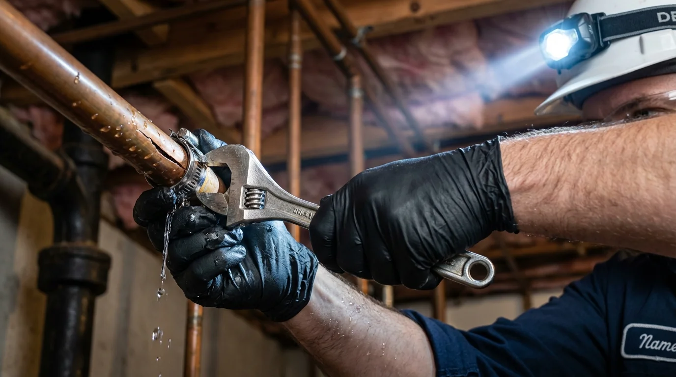 Emergency pipe clamp repair being performed by a Johns Plumbing LLC plumber in Canutillo